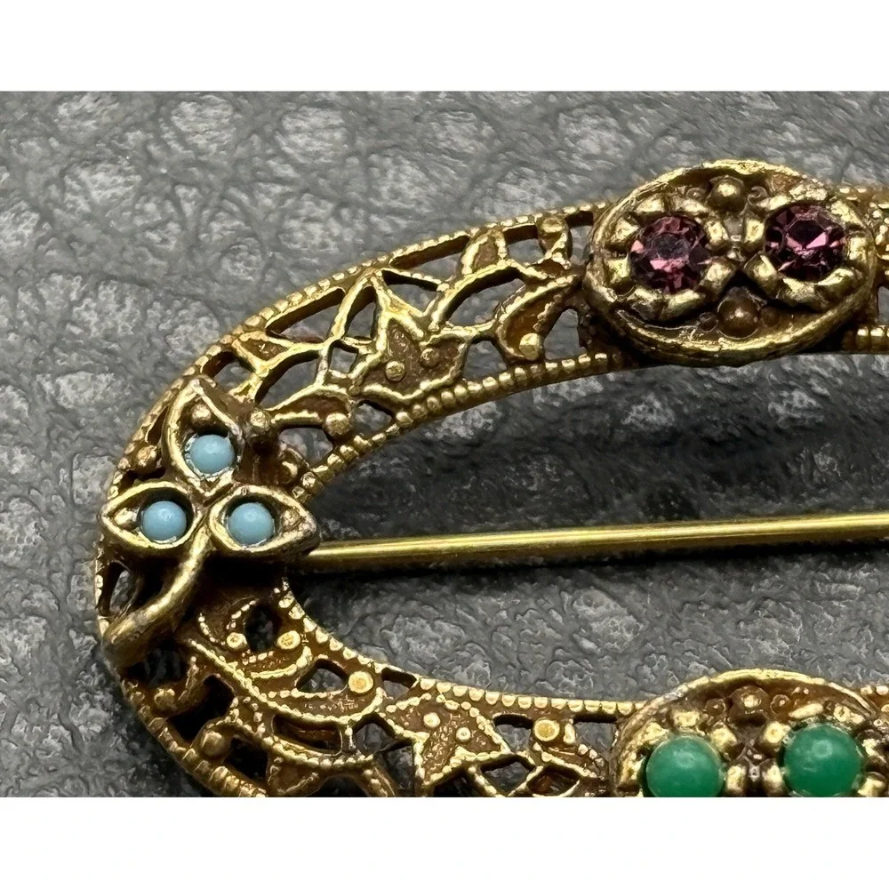 Vintage 1928 Brand Gold Tone Filigree Oval Brooch Etruscan - Victorian Style